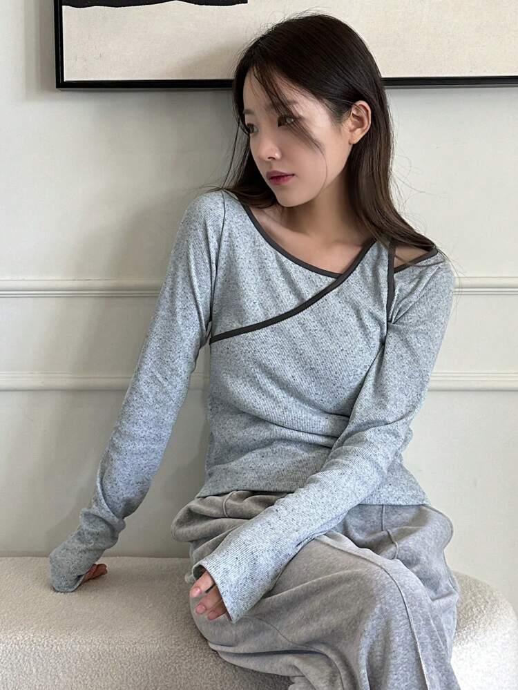 Women's Color Block Collar Asymmetrical Hem T-Shirt With Decorative Trimming,Fall Clothes Long Sleeve Women Tops