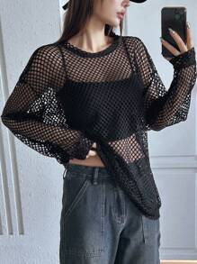 DAZY Áo lưới mỏng dáng rộng cho nữ, áo đi chơi lễ hội, áo dài tay cho nữ, quần áo mùa thu cho nữ - màu đen - Xem 1