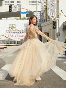 Sequin Embroidery Long Sleeve Mesh Party Dress