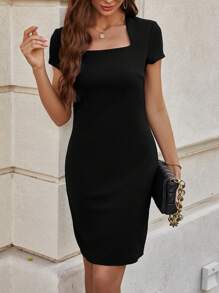 SHEIN Clasi 女士方領短袖連衣裙 - 黑色 - 查看 6