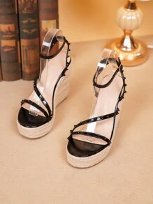 Teen Girls' Fashionable Peep Toe High-Heeled Sandals With Hollow Out Design & Rhinestone, Black Color - Black - View 1