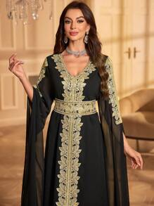 Áo Kaftan thanh lịch dự tiệc, tay áo đính sequin, cổ chữ V, thêu họa tiết. - màu đen - Xem 5
