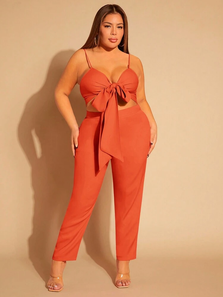 Plus Size Women'S Strappy Camisole Vest And Elegant Tapered Pants Set