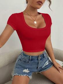 Muchica Solid Color Slim Fit Short Sleeve T-Shirt With Large Round Neck - Red - View 7