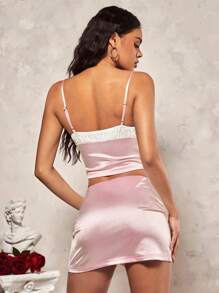 SHEIN BAE Conjunto De Camiseta Sin Mangas Con Tirantes Con Lazo De Bloque De Color Romántico Y Falda De Cintura Baja Para El Día De San Valentín, Para Mujeres