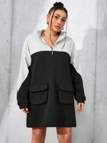 RueChic Plus Two Tone Flap Pocket Drop Shoulder Quarter Zip Sweatshirt Dress - Black - View 3