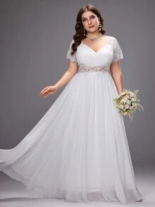 Elasola 大尺碼女款對比色蕾絲心形領婚紗禮服，純白色優雅派對長裙 - 白色 - 查看 3
