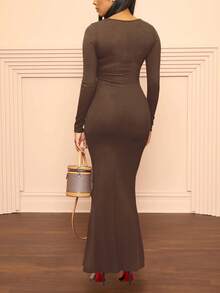 Women's Solid Color Crew Neck Fish Tail Hem Dress - Coffee - View 2