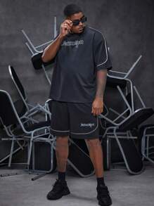 Manfinity LEGND Loose Men's Plus Contrast Piping Letter Printed Drop Shoulder T-Shirt And Shorts Two-Piece Set - Black - View 6