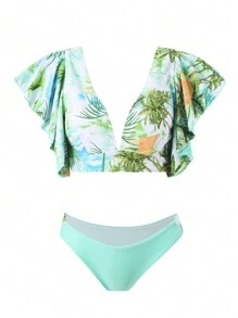 SHEIN Swim 女性熱帶植物印花泳衣套裝,嘉年華專屬 - 彩色 - 查看 1