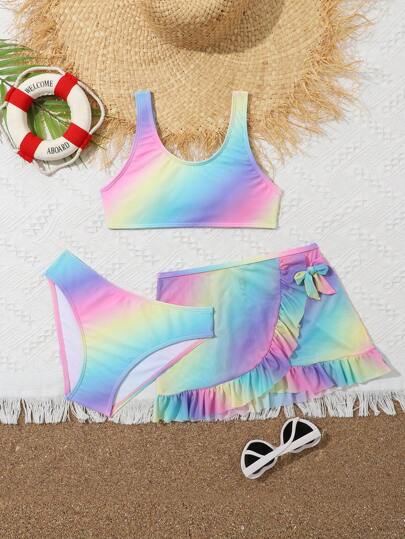 Tween Girl 渐变色比基尼套装 3 件套 夏日海滩