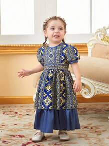 嬰兒女裝幾何印花泡泡袖裙 - 藍色 - 查看 6