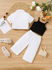 SHEIN Leap Crew NovaGlow 女婴 3 件套女婴休闲纯色短袖衬衫 + 长裤 + 吊带背心上衣套装 - 白色 - 查看 2