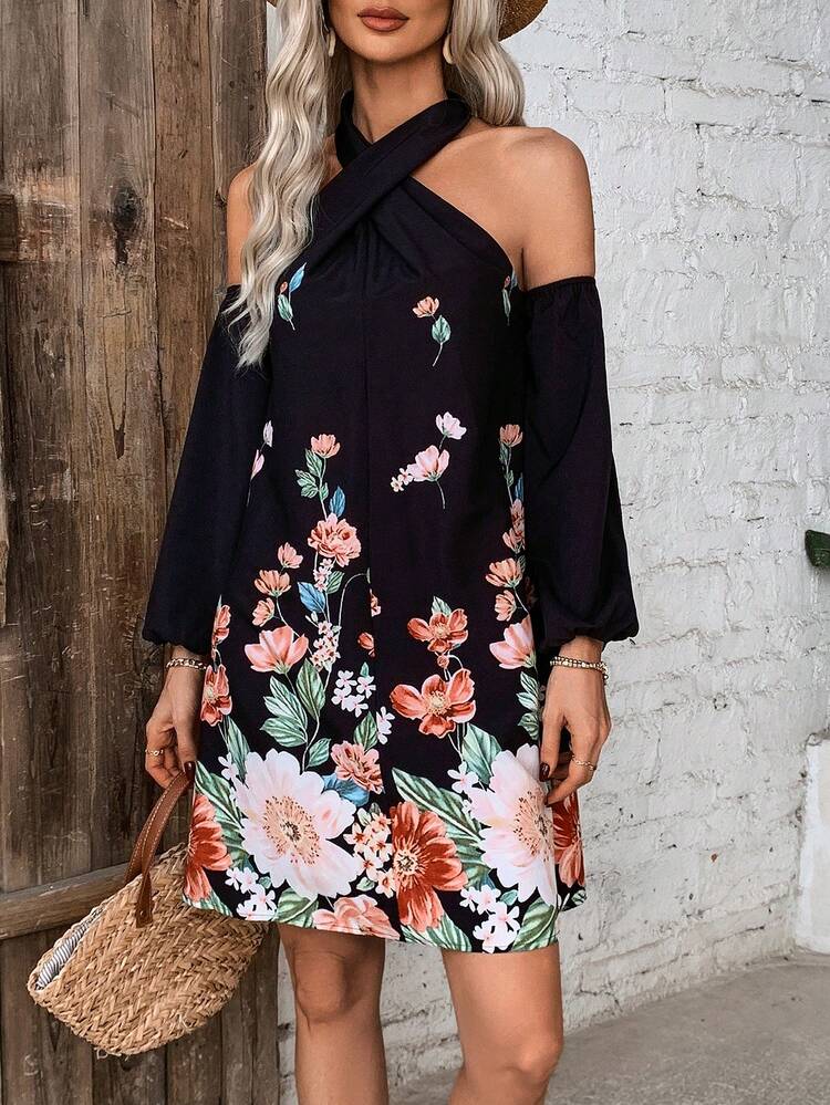 Floral Open Shoulder Halterneck Dress Fall Cloth For Women