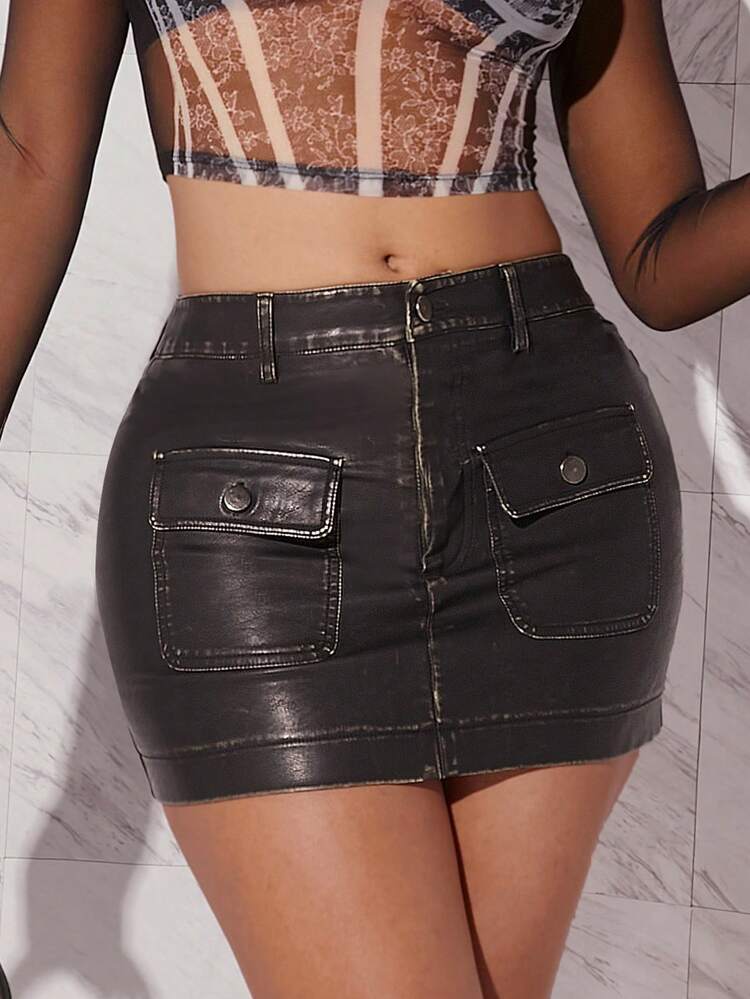 PU Leather Flap Pocket Mini Skirt