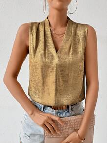 SHEIN Privé V領無袖襯衫 - 金色 - 查看 6