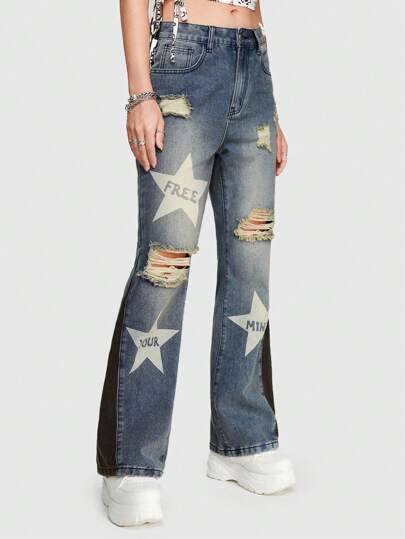 Street Life Jeans Da Donna Con Design Patchwork In Stile Streetwear Con Stampa Patch Featuring Stelle E Lettere