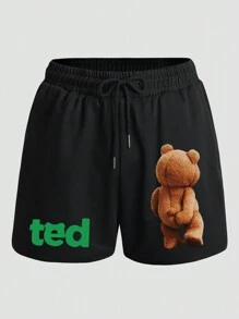 Manfinity Dauomo Hombres Shorts con estampado de oso y letra de cintura con cordón - Negro - Ver 1