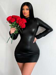 Allurite Women's Pu Stand Collar Bodycon Dress - Black - View 4