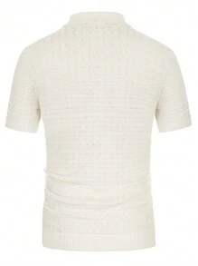 NITAGUT Men'S Casual Solid Color Knitted Short Sleeve Crochet Shirt With Buttons - White - View 2