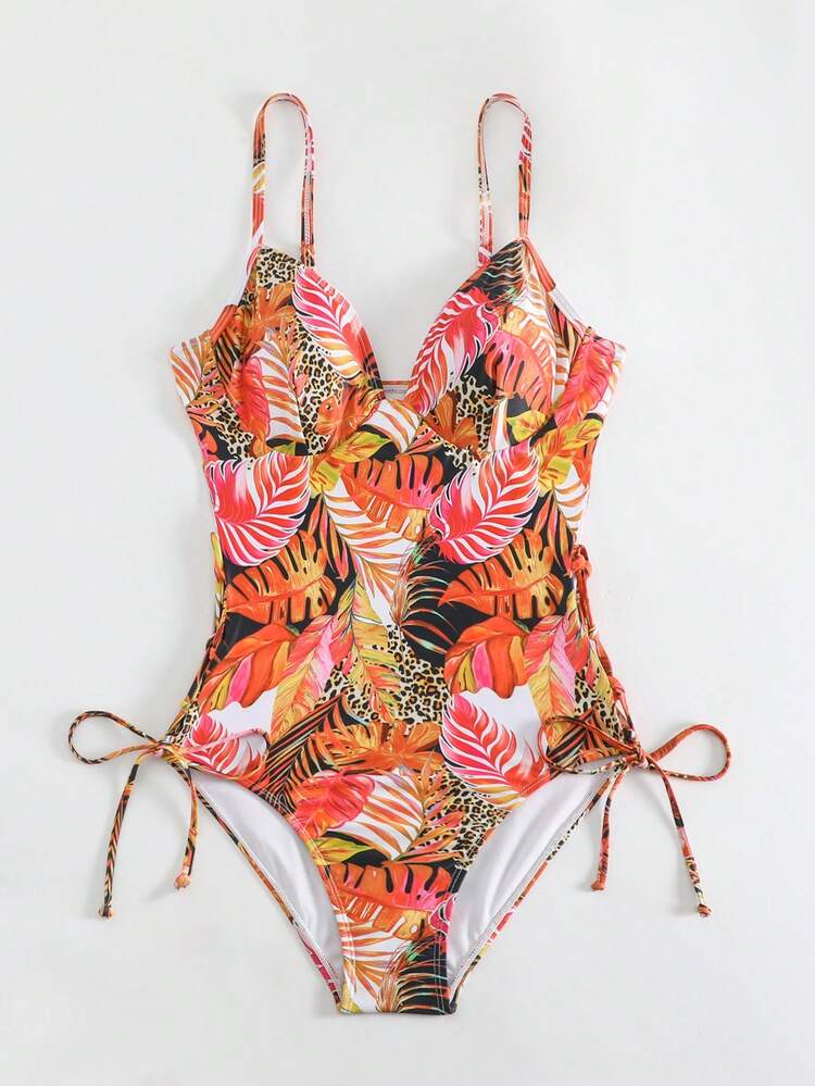 Summer One-Piece Swimsuit With Leopard & Plant Print Splicing Carnival