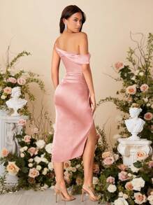 SHEIN Belle 女性實色不對稱領口包覆扭結分裂連衣裙 - 藕粉色 - 查看 2