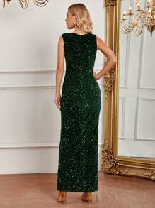 SHEIN Belle Women's High Slit Sequin Dress - Dark Green - View 4