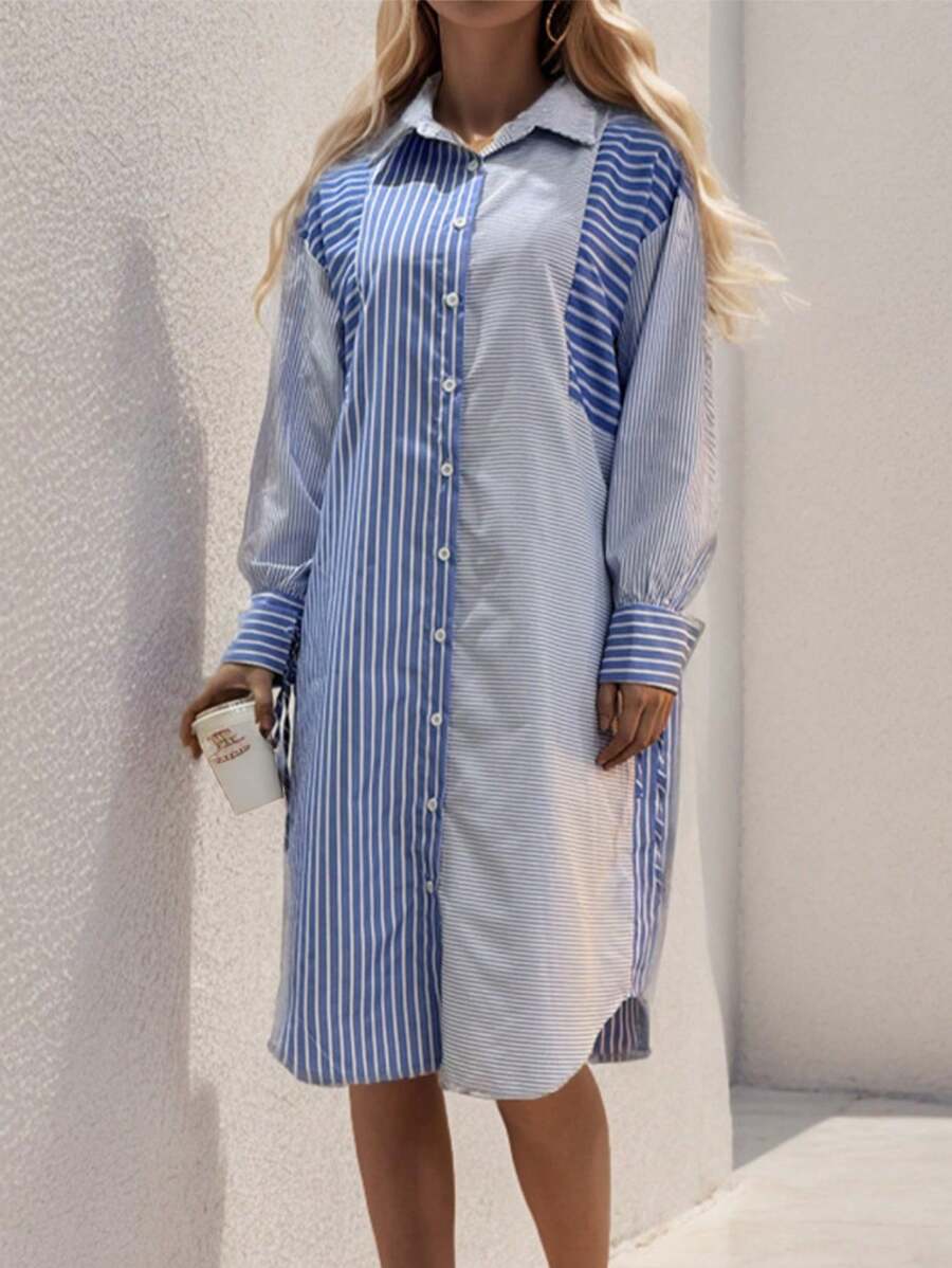 SHEIN Clasi 女用條紋拼布正面羈絆洋裝 - 藍白色 - 查看 1