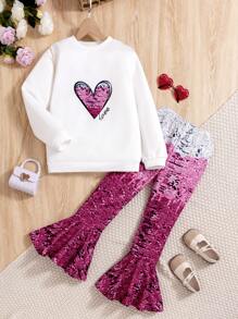 SHEIN Tween 女童时尚印花心形细节运动衫和带亮片的喇叭裤，2 件/套 - 白色 - 查看 1