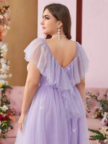 SHEIN Belle Váy dạ hội thanh lịch cổ chữ V sâu, màu tím nhạt, ánh vàng và bạc, nhiều lớp lưới xếp nếp cỡ lớn cho nữ, váy phù dâu, váy cưới, váy tốt nghiệp, váy dạ hội, váy dự tiệc, dự tiệc tối - Màu tím hoa cà - Xem 2