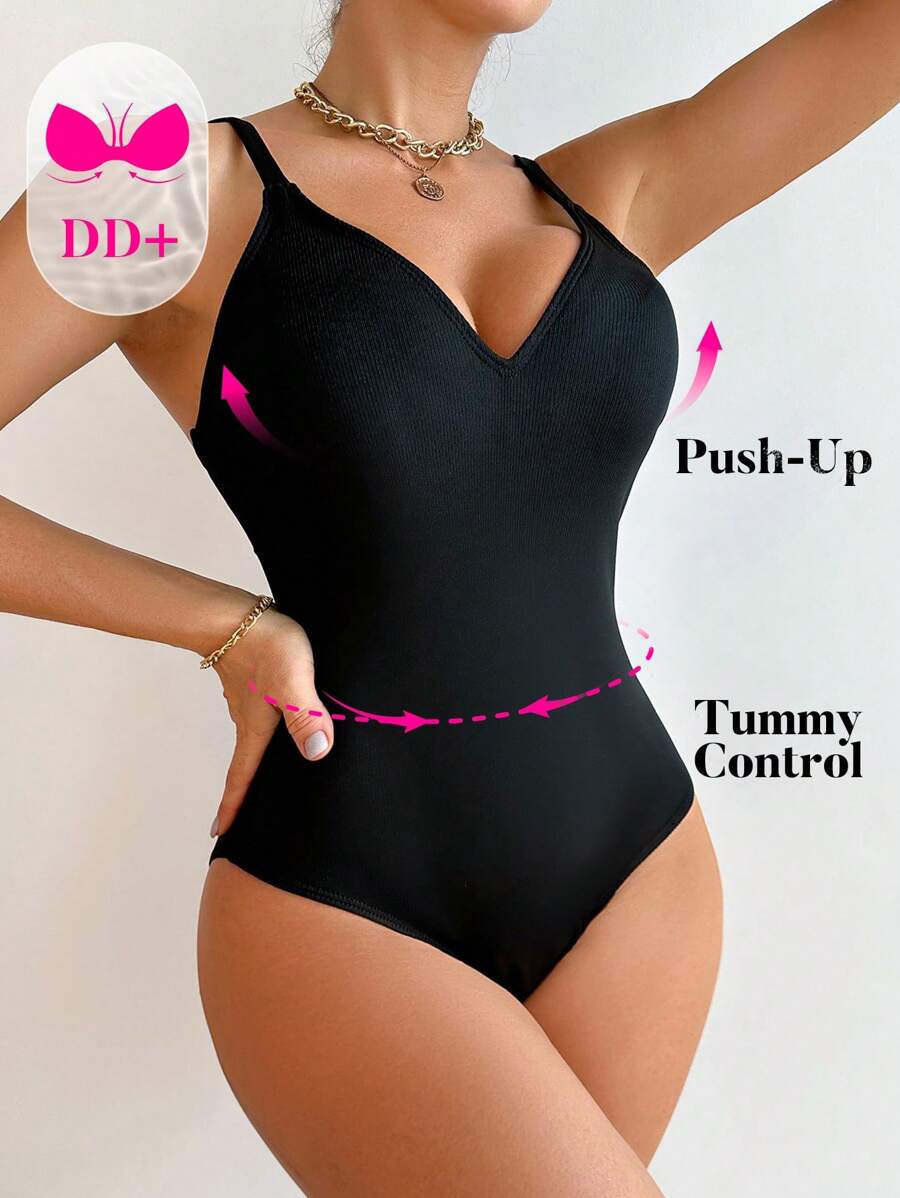 SHEIN Swim Summer Beach Ladies' Backless One-Piece Swimsuit With Knot Detail Carnival - Black - View 1