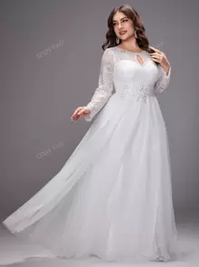 UNITHORSE Plus Size Women'S Elegant Lace Flowers Long Sleeve Mesh Wedding Dress With Gorgeous Dress, All White Party Outfit Women