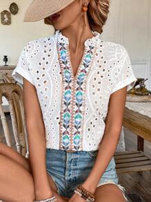 Breezaya Women'S Geometric Pattern Woven Belt Batwing Short Sleeve Blouse