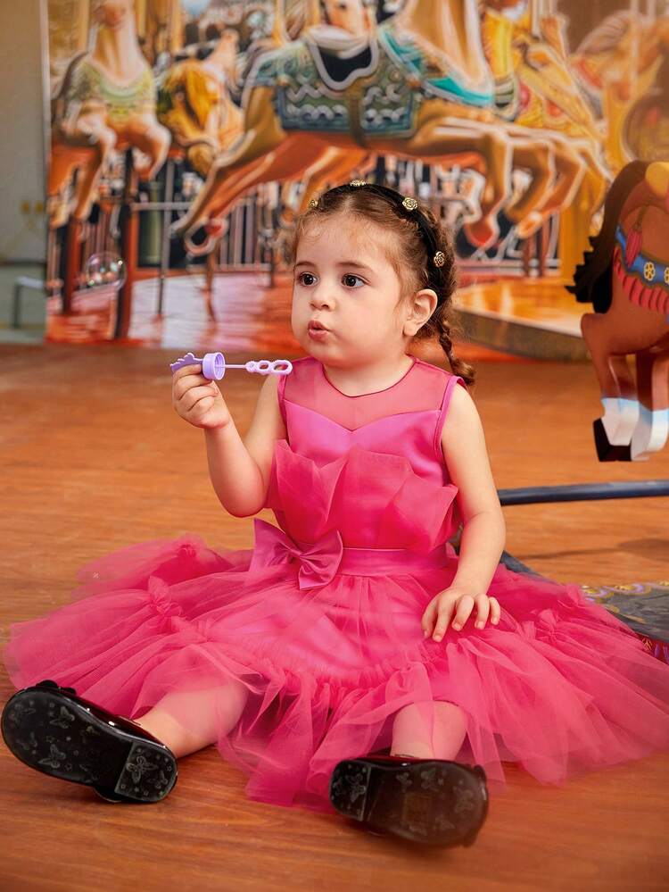 Baby Girl Spring/Summer Elegant Festive Cute Everyday Casual Dress In Gorgeous Mesh Material With Pink Bow