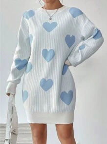 SHEIN Unity Heart Pattern Knitted Sweater Dress - Blue - View 6