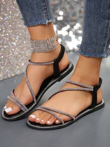 Flat Sandals For Women, Roman Style With Rhinestones, Elastic Strap, Metal Circle Toe Ring Valentines