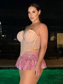 SHEIN SXY Plus Size Mesh Spliced Pleated Bra Cup Fitted Top