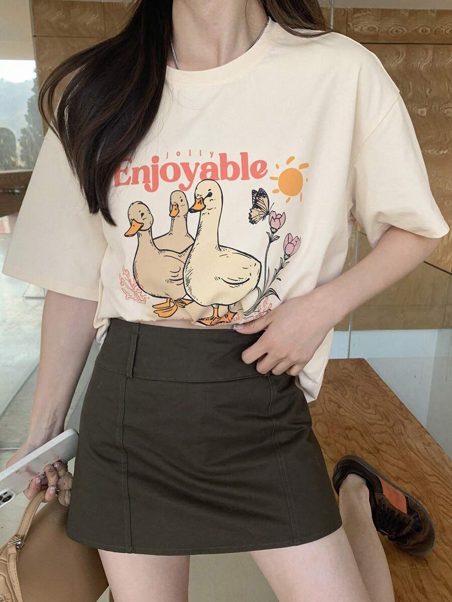 DAZY Women's Cartoon Letter Printed Round Neck Short Sleeve T-Shirt,Graphic Tees,Teacher Outfits - White - View 1