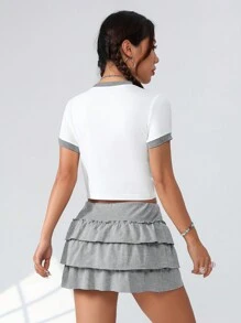 SHEIN EZwear 女士字母印花短袖T恤和荷葉邊裙子二件套裝 - 彩色 - 查看 3