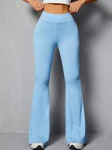 SHEIN PETITE Pantalones Acampanados Unicolor Para Mujer - Azul - Ver 3