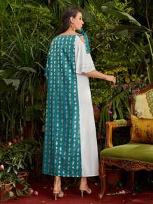 Divindia Women'S Color Block Patchwork Dress With Asymmetrical Collar, Foil Print - Multicolor - View 6