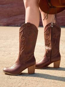 Styleloop Women's Fashionable Vintage Comfortable Chunky Heel Knee High Boots, Cowboy Boots For Women