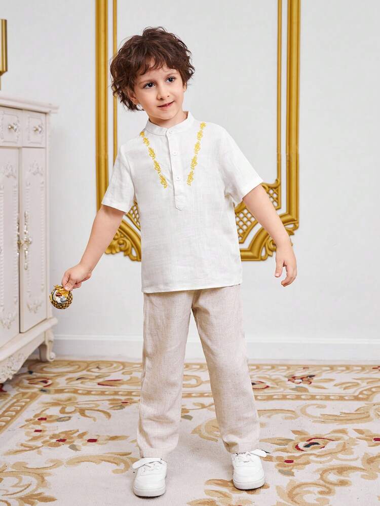 Young Boys' Embroidered Collar & Floral Pattern Polo Shirt