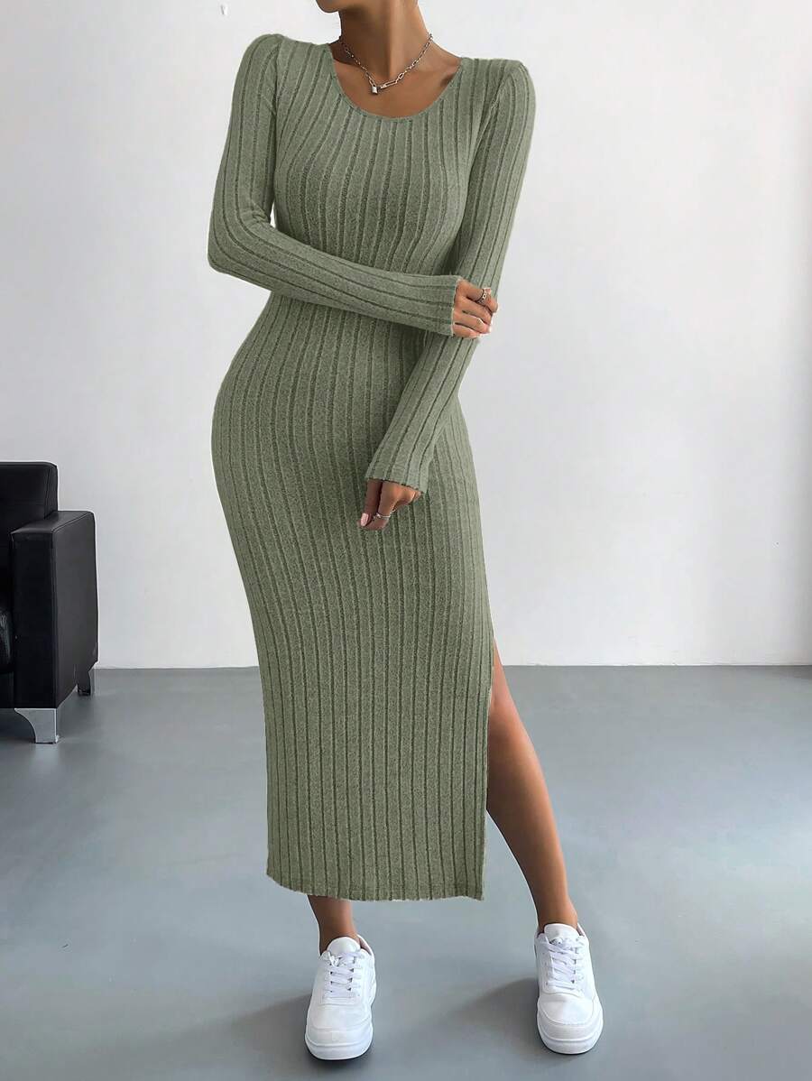 SHEIN Essnce Vestido De Abertura Con Costillas Para Mujer - Verde - Ver 1