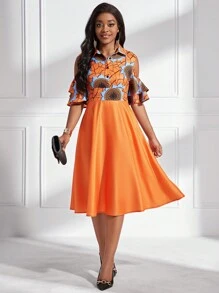 SHEIN Lady Ladies' Printed Patchwork Cold-Shoulder Dress