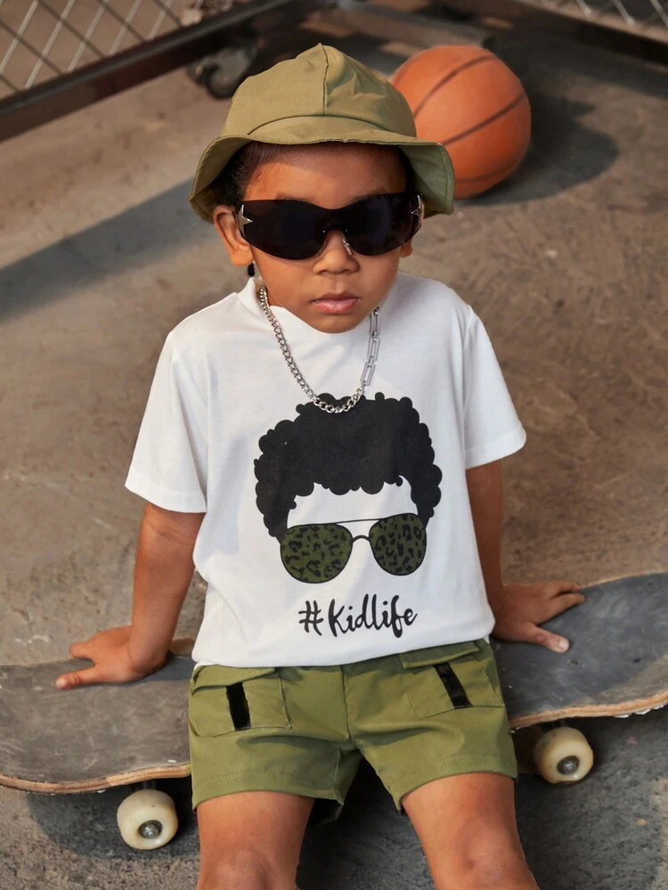 Young Boys Cartoon Printed Short Sleeve Top And Cargo Style Shorts Set