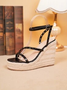 Teen Girls' Fashionable Peep Toe High-Heeled Sandals With Hollow Out Design & Rhinestone, Black Color - Black - View 4