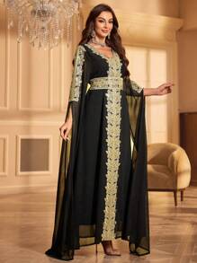 Áo Kaftan thanh lịch dự tiệc, tay áo đính sequin, cổ chữ V, thêu họa tiết. - màu đen - Xem 3