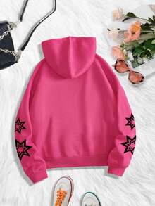 SHEIN EZwear 女士蜘蛛網和星星印花束口連帽衫 - 玫紅色 - 查看 2