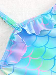 少女一件式泳衣,美人魚尾巴設計,魚鱗花紋,荷葉邊,春夏沙灘服